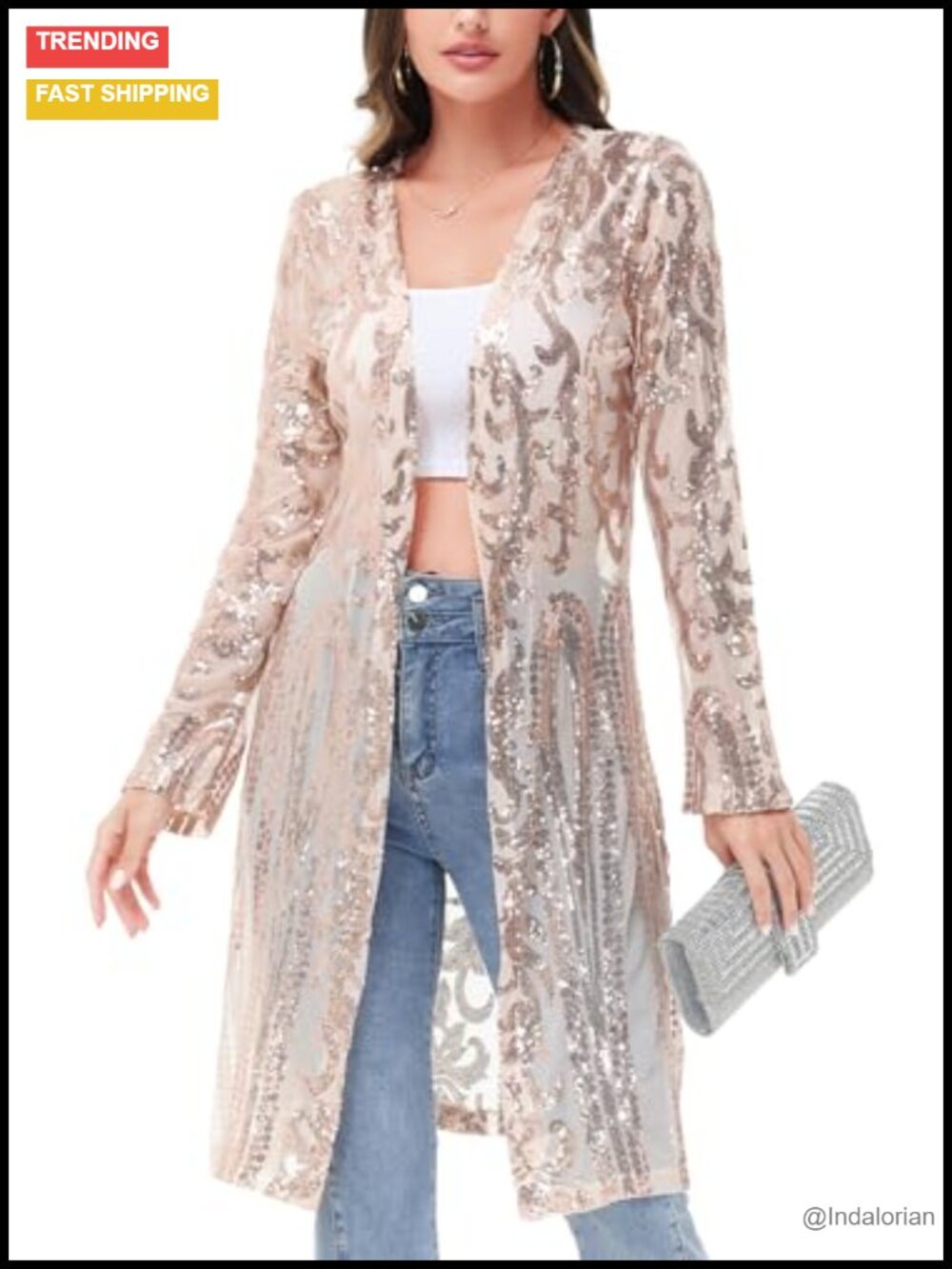 Sparkly Sequin Open Front Cardigan Long Sleeve Glitter Kimono